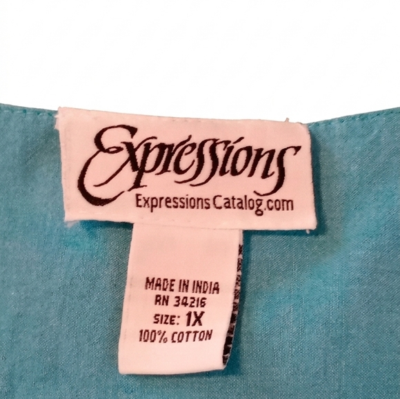Expressions Embroidered Cotton Patio Dress In Turquoise, Size XL - Picture 2 of 5